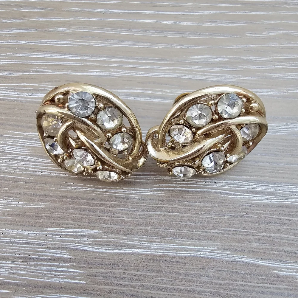 Vintage Coro Gold-Tone Rhinestone Swirl Clip-On Earrings